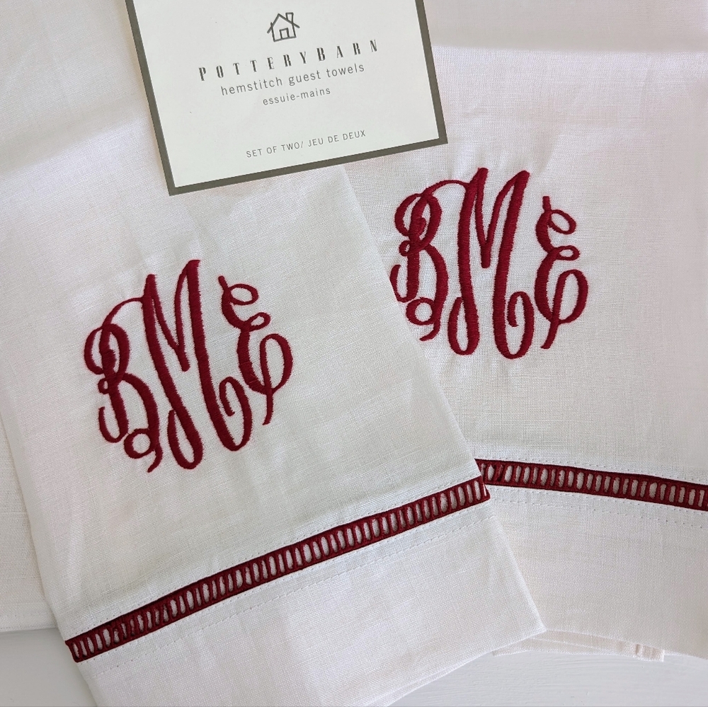 POTTERY BARN Pure Linen "BME" Initials Monogram Guest Hand Towel Set 2 White NWT
